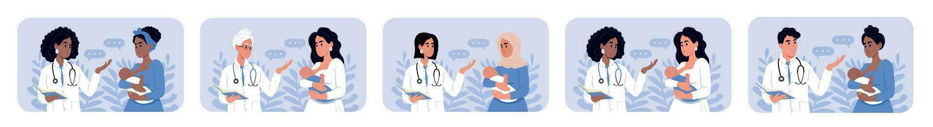 National Pediatrician Day baner. A pediatrician and a mother with a baby in her arms of different races and ages. Male and female doctors talking to patients during consultation vector