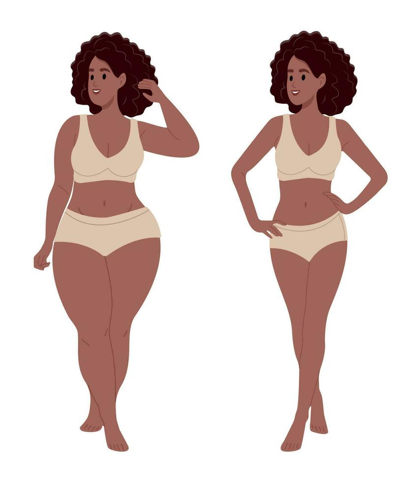 Overweight African American woman standing in front of thin, slim, toned woman. Fat and overweight figure concept. Before and after weight loss. Vector illustration