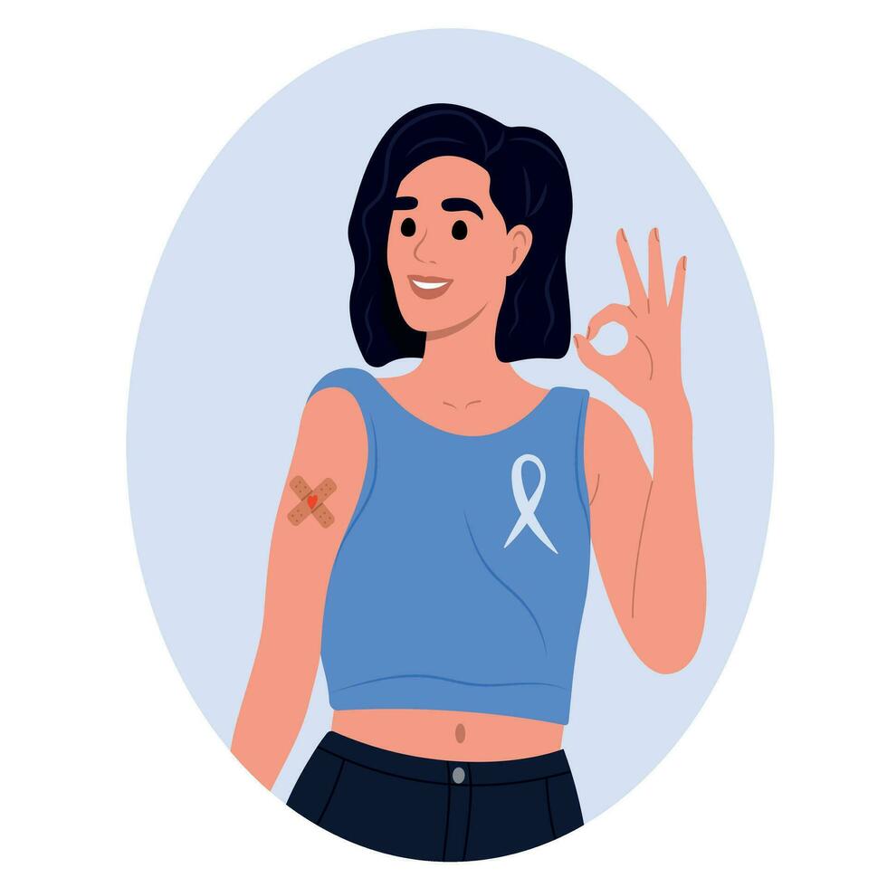 National Immunization Awareness Month. A vaccinated girl with a patch on her arm. Vector illustration.