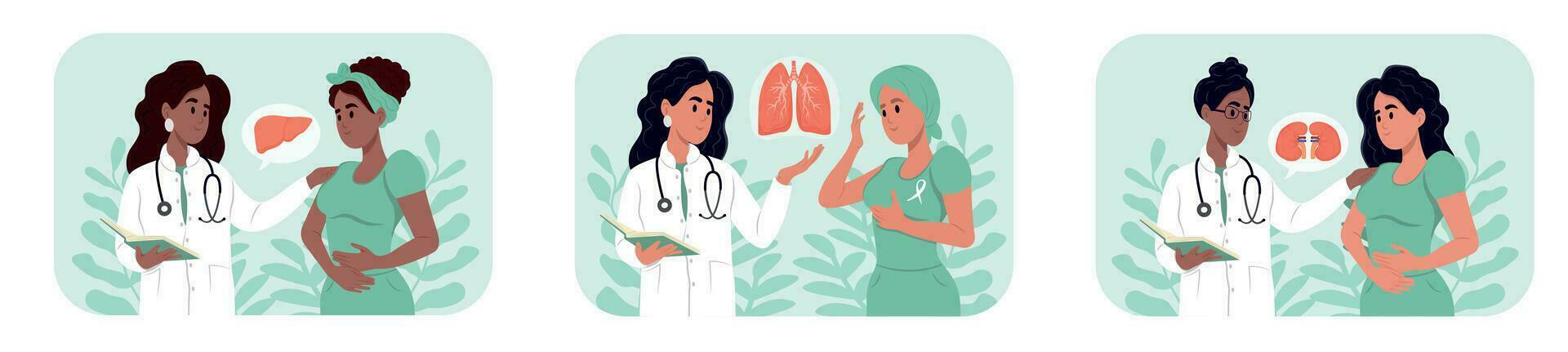 World Organ Donation Day. Doctors and patients of different races and ages. Male and female doctors talk to patients who need organ transplants. vector
