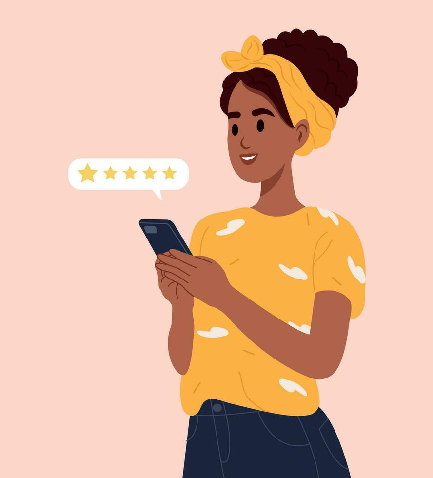 African American woman selects a satisfaction rating and leaves a positive review. Concept of customer service and interaction with users. Vector illustration.