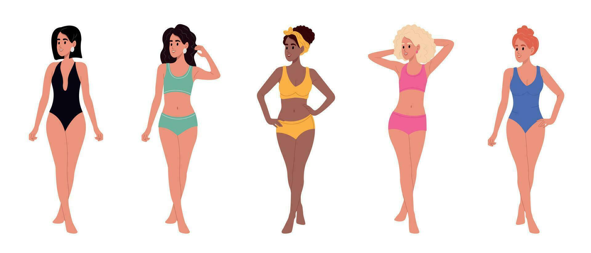 Diverse woman in underwear. Women of different beauty, hair, skin color. Women in swimsuits, group portrait. Young beautiful multiethnic women of different nationalities. Diversity, multi-ethnic vector