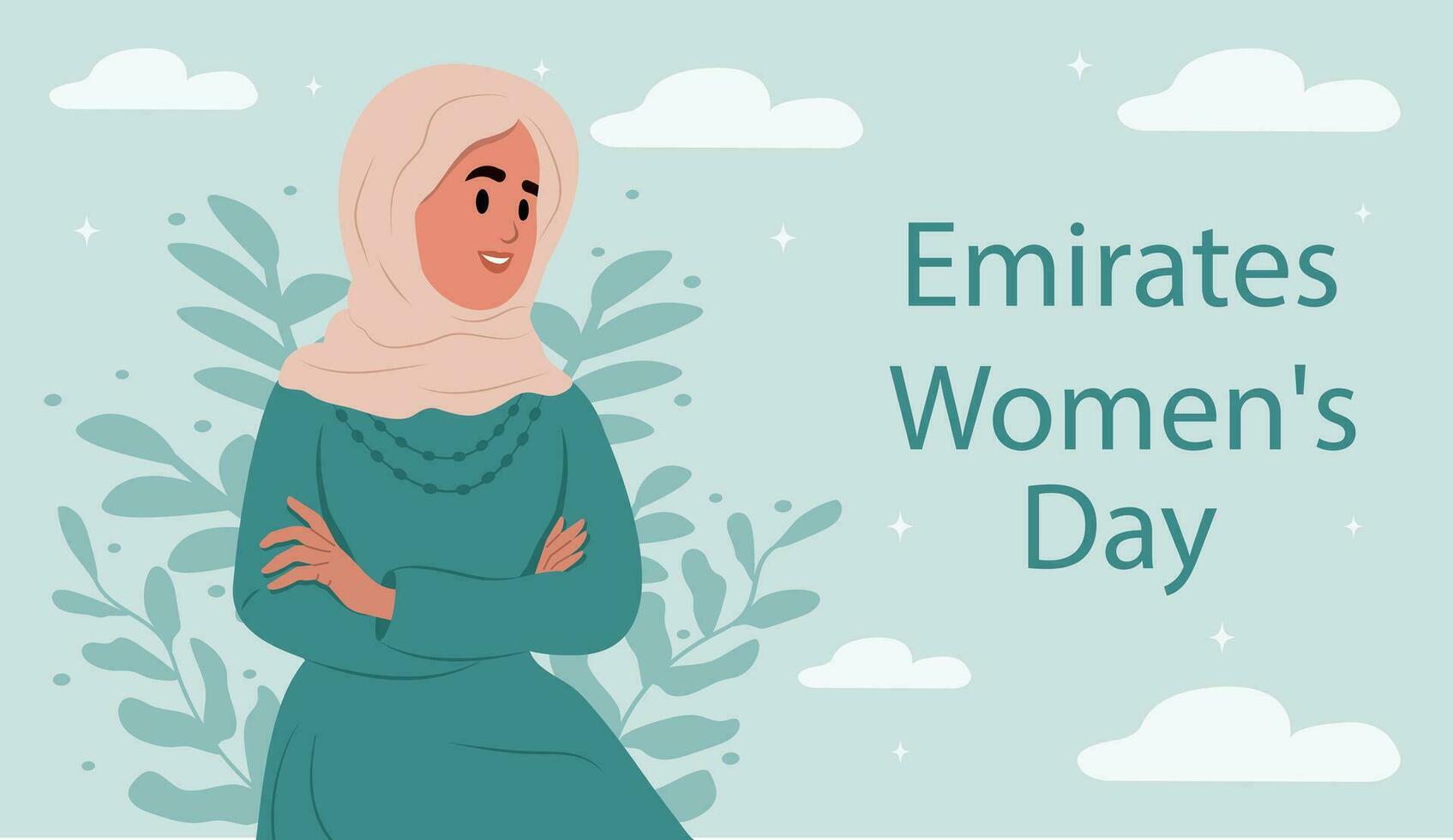 emiratos De las mujeres día .joven sonriente árabe mujer en hijabi.uae De las mujeres día agosto vector