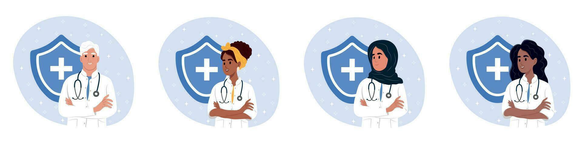 National Immunization Awareness Month. Set of different doctors. African American, Muslim, Native American, African, Elderly . Multi-ethnic medical workers of different nationalities. vector