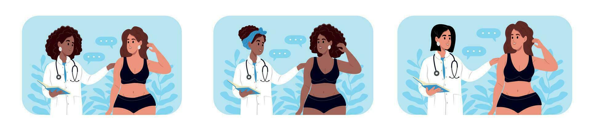 World Day of Healthy Eating. A nutritionist is talking to an overweight woman.Doctors and patients of different races . A dietitian doctor monitors the diet of patients, caloric content. vector