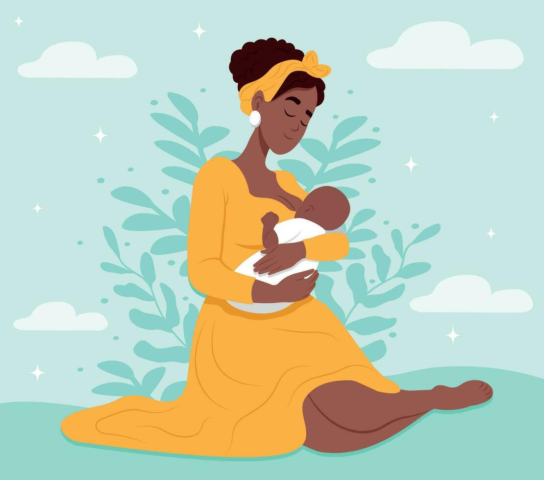 Happy motherhood and childhood concept. Happy loving young african woman mother feeding her baby with breast milk. World Breast feeding Week. vector