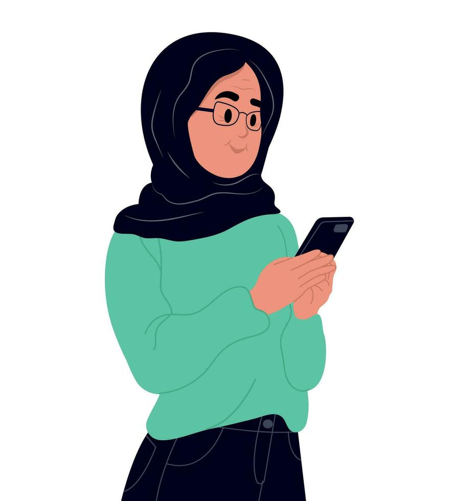 Muslim senior woman holding mobile phone. Vector illustration.