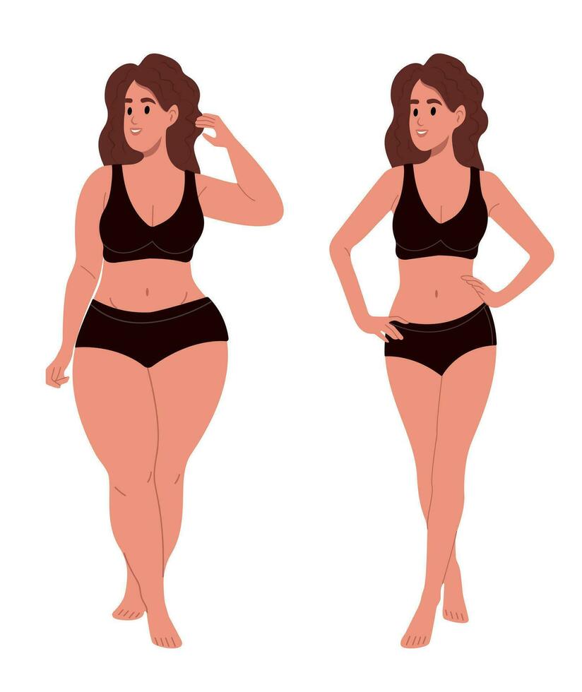 Concept of figure fat and overweight. An overweight woman stands in front of a thin, slender, fit woman. Before and after weight loss. Vector illustrations