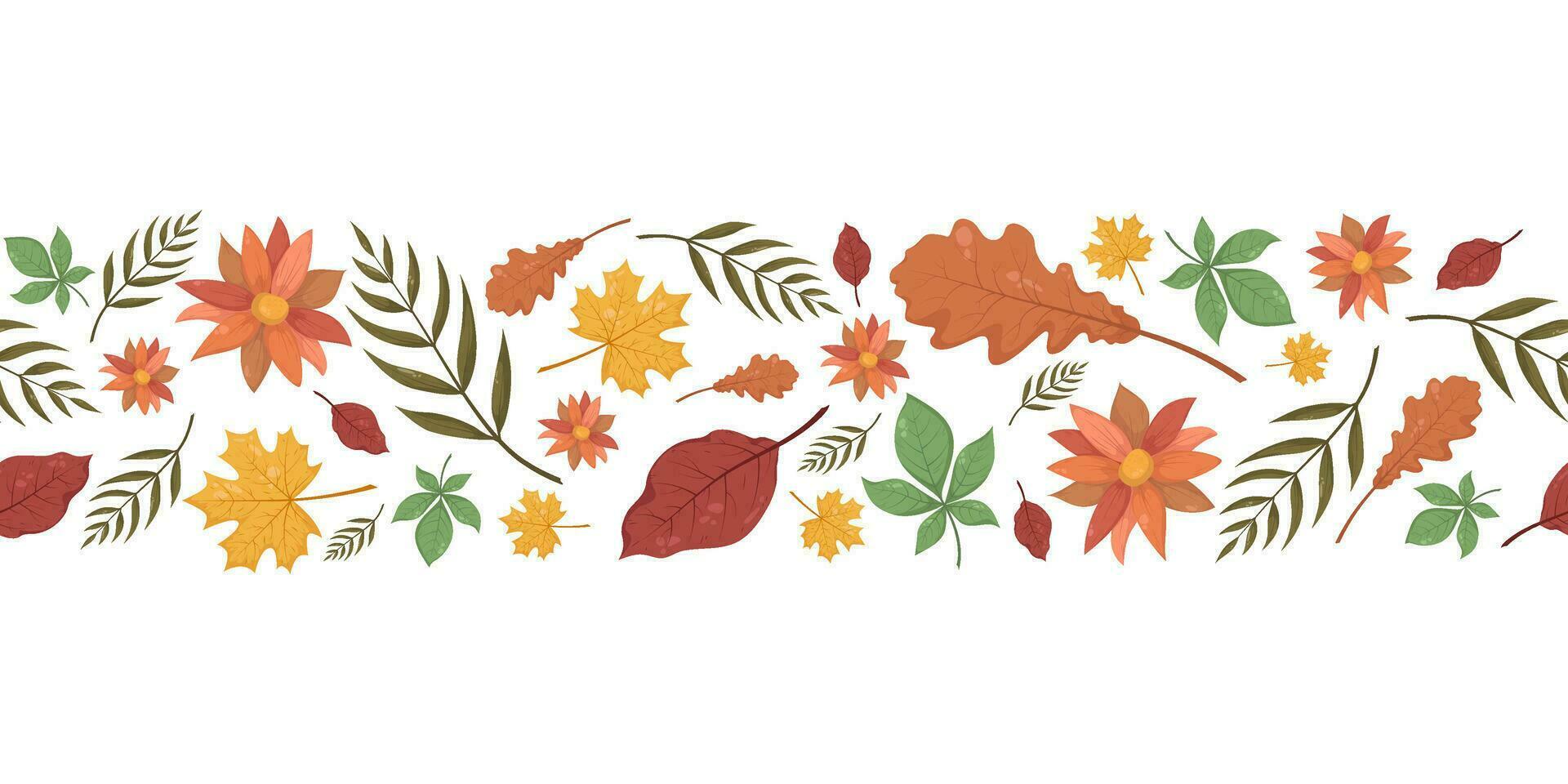 Seamless horizontal pattern with autumn fall leaves in Beige, Red, Brown, green and Yellow. Perfect banner for wallpaper, wrapping paper, web sites, background, social media, blog and greeting cards. vector