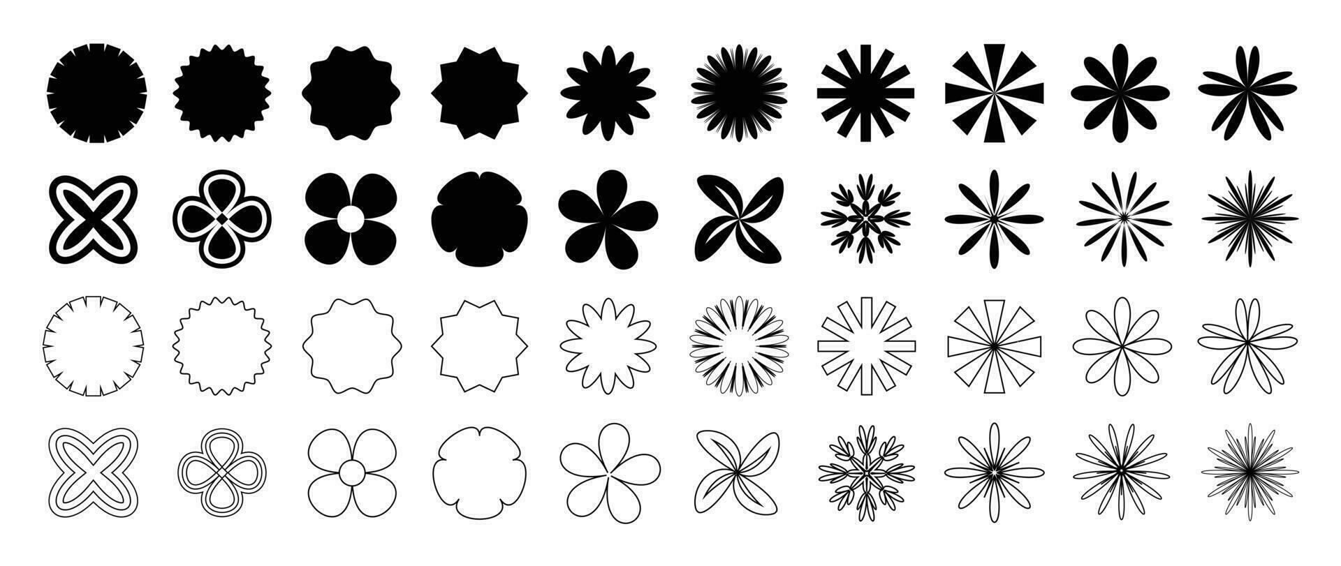 Collection of geometric shapes on white background. Abstract black color icon element of flower, sparkle, snowflake different shapes. Icon graphic design for decoration, logo, business, ads. vector