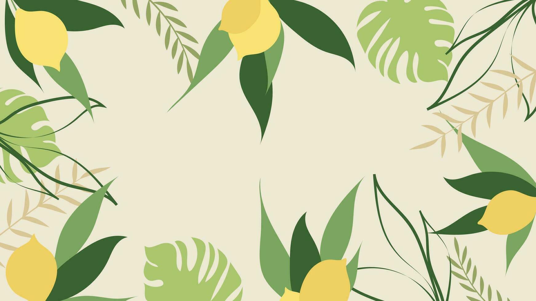 Forest tropical background vector illustration. Jungle plants, monstera, palm leaf, lemon, exotic summertime style. Botanical backdrop design for decoration, wallpaper, product presentation, branding.