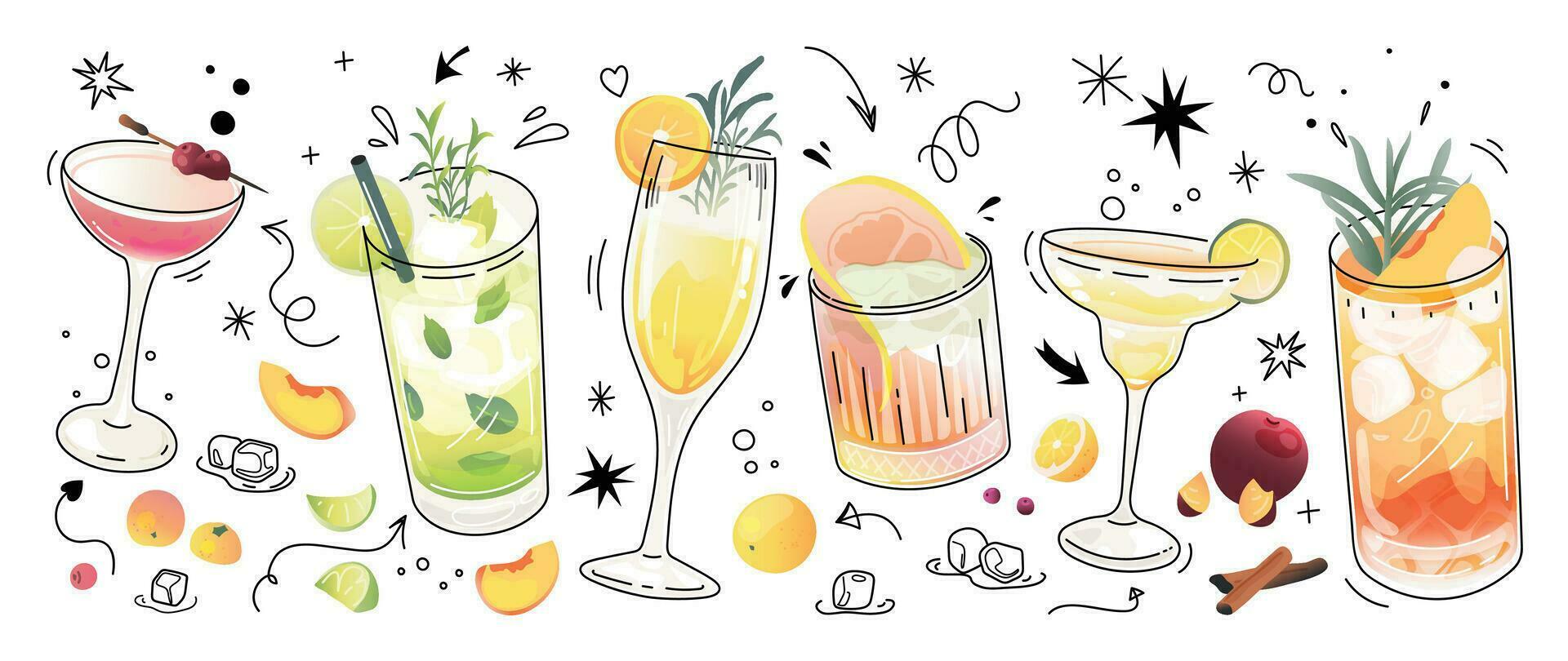 Set of cocktail drinks special promotions design. Alcohol beverage, fresh yummy drinks, sparkling water, summer juice in different glasses. Classic cocktail vector for advertisement, menu, poster.