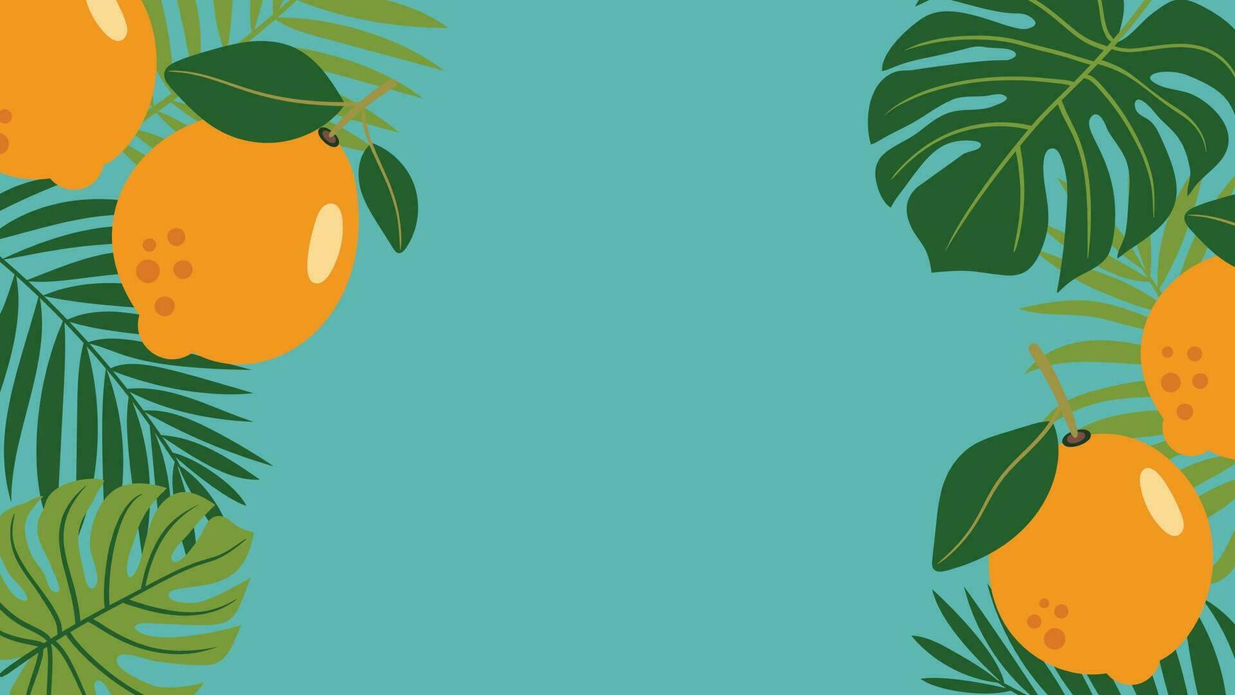 Forest tropical background vector illustration. Jungle plants, monstera, palm leaf, lemon, exotic summertime style. Botanical backdrop design for decoration, wallpaper, product presentation, branding.