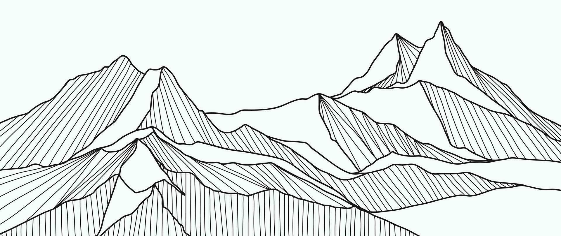 Black and white mountain line art wallpaper. Contour drawing luxury scenic landscape background design illustration for cover, invitation background, packaging design, fabric, banner and print. vector