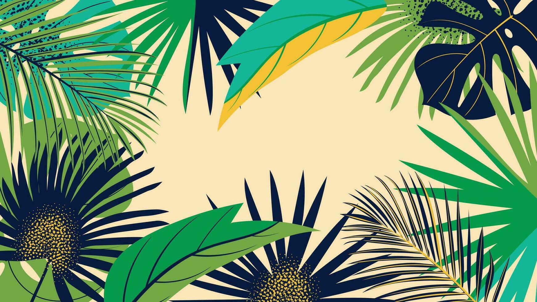 Forest tropical background vector illustration. Jungle plants, monstera, palm leaves, exotic summertime style. Botanical backdrop design for decoration, wallpaper, product presentation, branding.