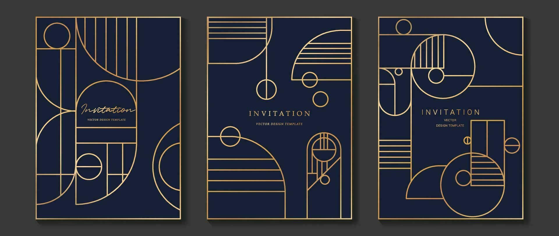 lujo invitación tarjeta antecedentes vector. dorado elegante geométrico forma, oro líneas en azul antecedentes. prima diseño ilustración para Boda y VIP cubrir plantilla, bandera, póster, gala, boda. vector