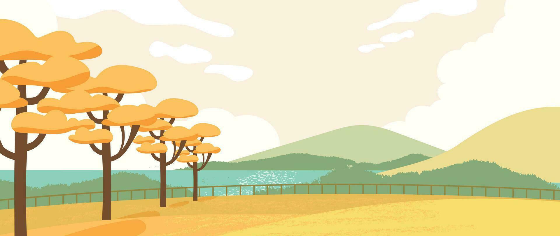 Autumn nature and country landscape background. Seasonal illustration vector of trees, sea, field, mountain, park, cloud, sunset. Design for banner, poster, wallpaper, decoration, card.