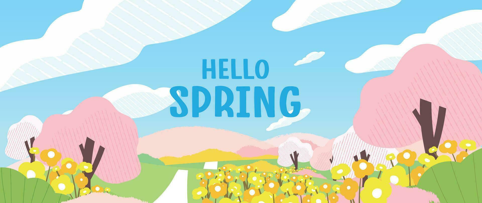 Spring nature and country landscape background. Seasonal illustration vector of trees, flowers, mountain, cloud, sky, grass, field, road. Design for banner, poster, wallpaper, decoration, card.