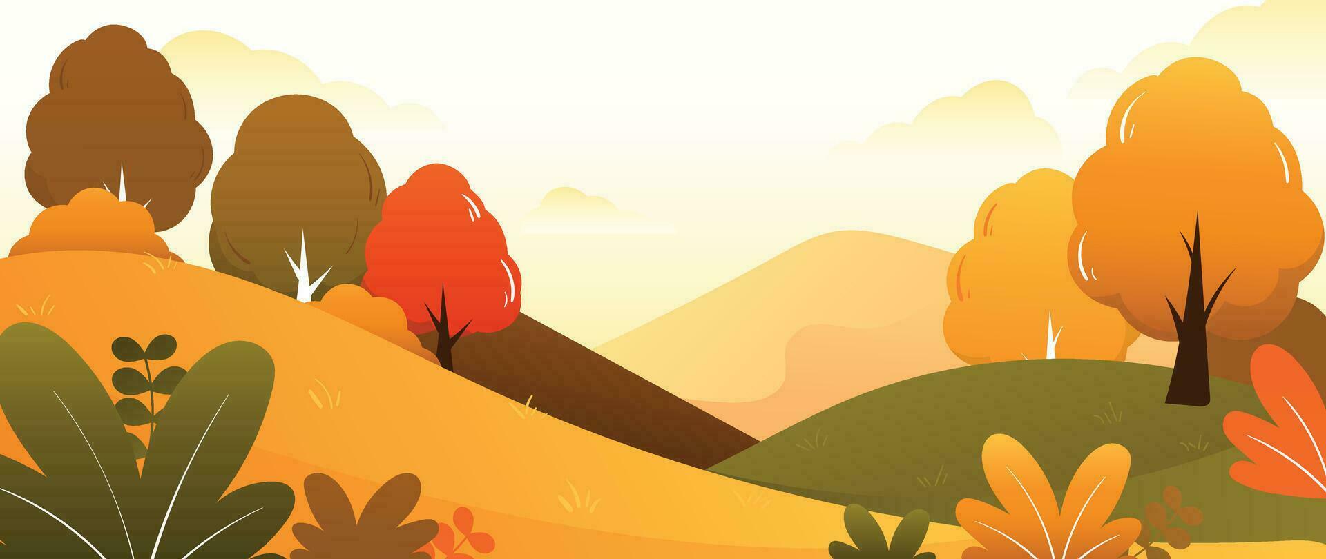 Autumn nature and country landscape background. Seasonal illustration vector of trees, grass, field, mountain, leaf, cloud, sunset. Design for banner, poster, wallpaper, decoration, card.