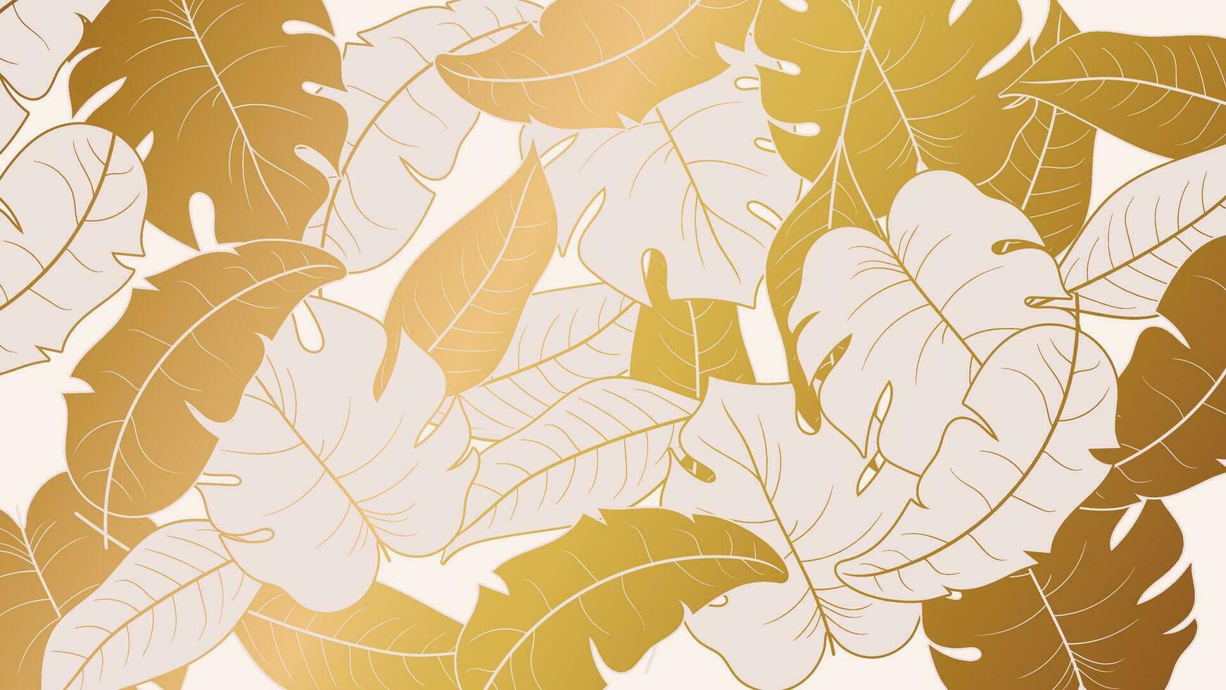 Abstract foliage gold texture vector background. Luxury leaf wallpaper of tropical leaves, monstera, plants in hand drawn pattern. Botanical jungle illustrated for banner, prints, decoration, fabric.