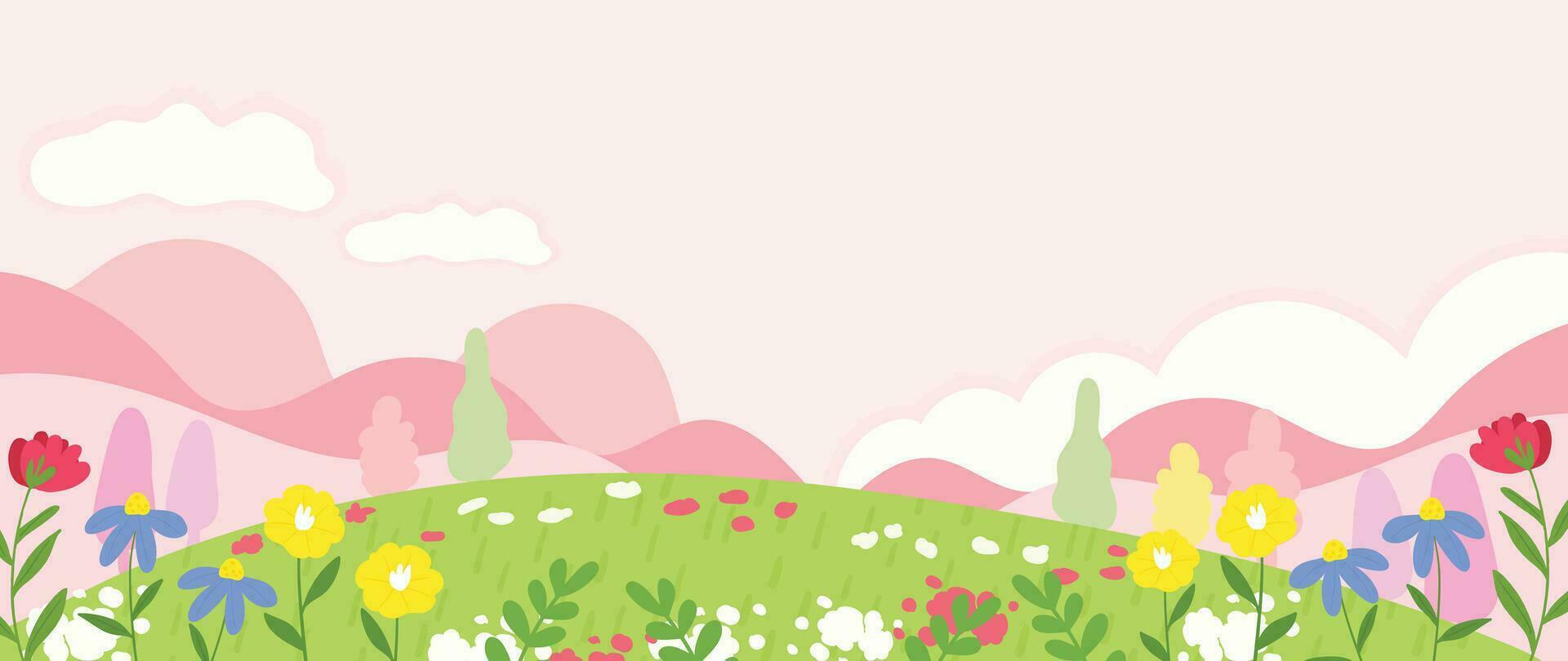 primavera naturaleza y país paisaje antecedentes. estacional ilustración vector de árboles, flores, montaña, nube, cielo, césped, campo, parque. diseño para bandera, póster, fondo de pantalla, decoración, tarjeta.