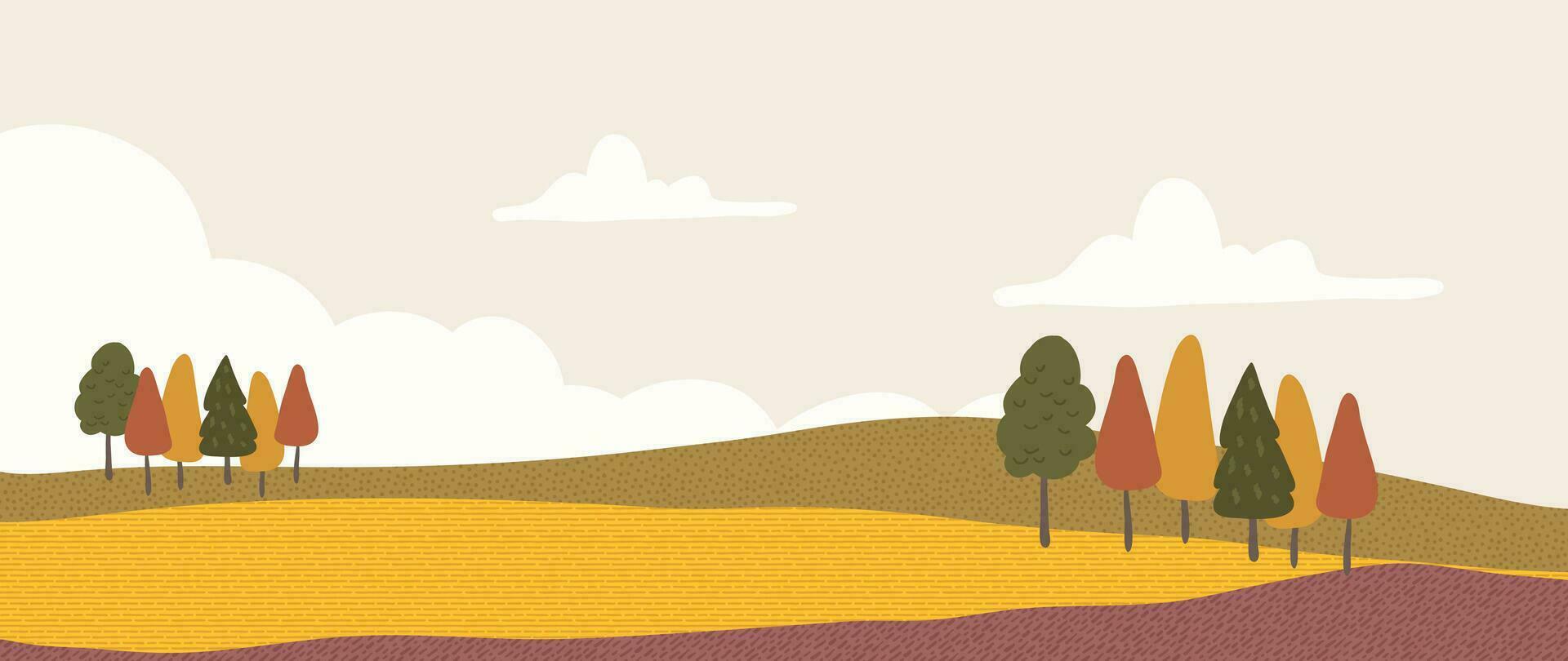 otoño naturaleza y país paisaje antecedentes. estacional ilustración vector de árboles, flores, campo, montaña, parque, nube, césped. diseño para bandera, póster, fondo de pantalla, decoración, tarjeta.