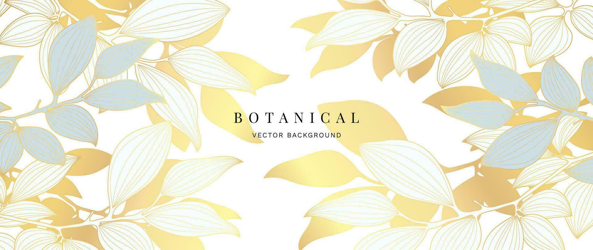 Abstract gold foliage line art vector background. Leaf wallpaper of tropical leaves, leaf branch, plants in hand drawn pattern. Botanical jungle illustrated for banner, prints, decoration, fabric.