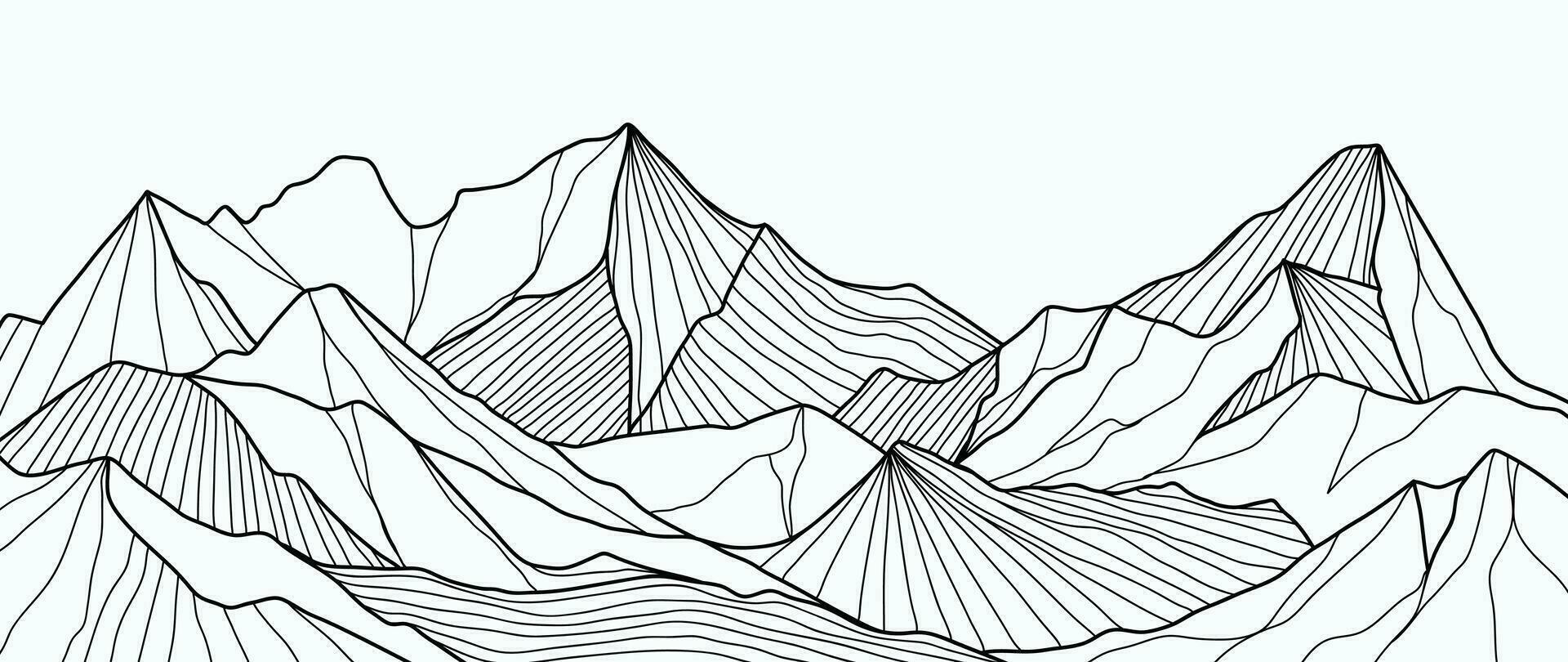 Black and white mountain line art wallpaper. Contour drawing luxury scenic landscape background design illustration for cover, invitation background, packaging design, fabric, banner and print. vector