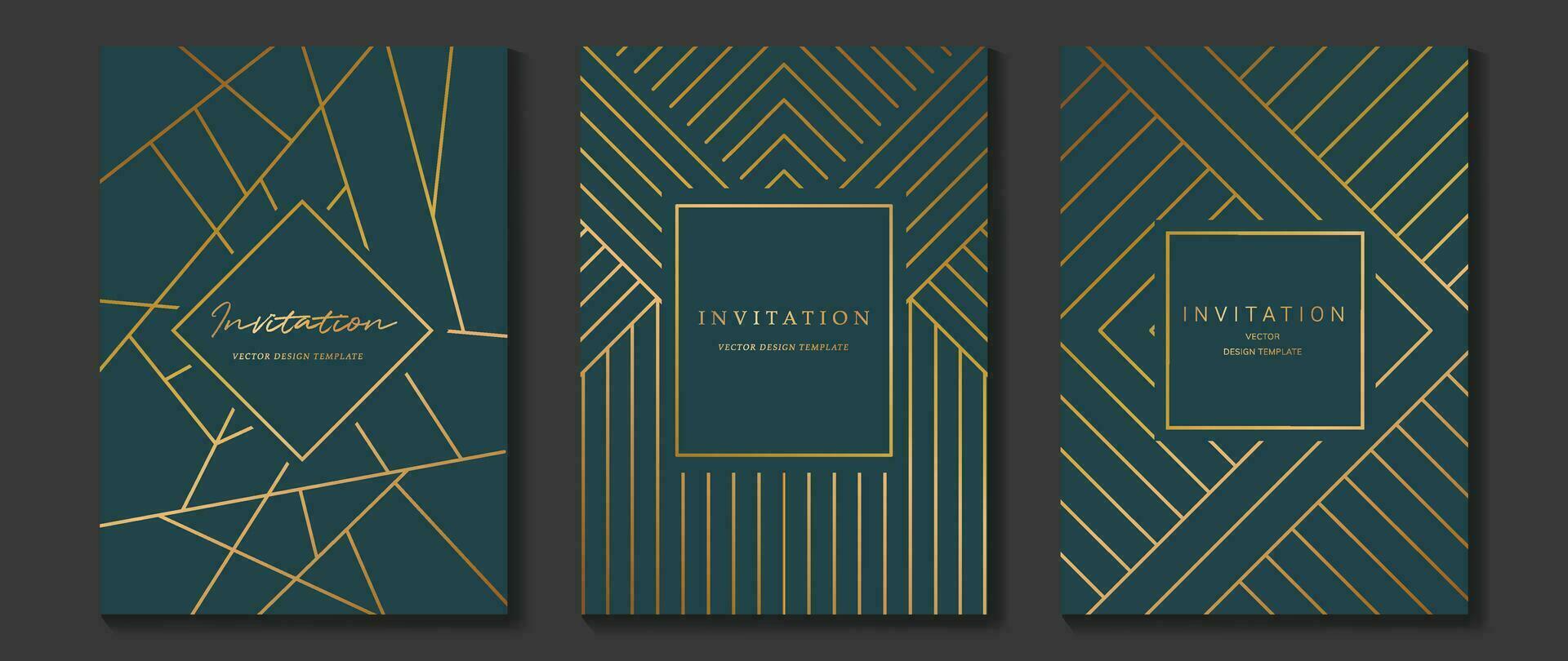 Luxury invitation card background vector. Golden elegant geometric shape, gold lines on green background. Premium design illustration for wedding and vip cover template, banner, poster, gala, wedding. vector
