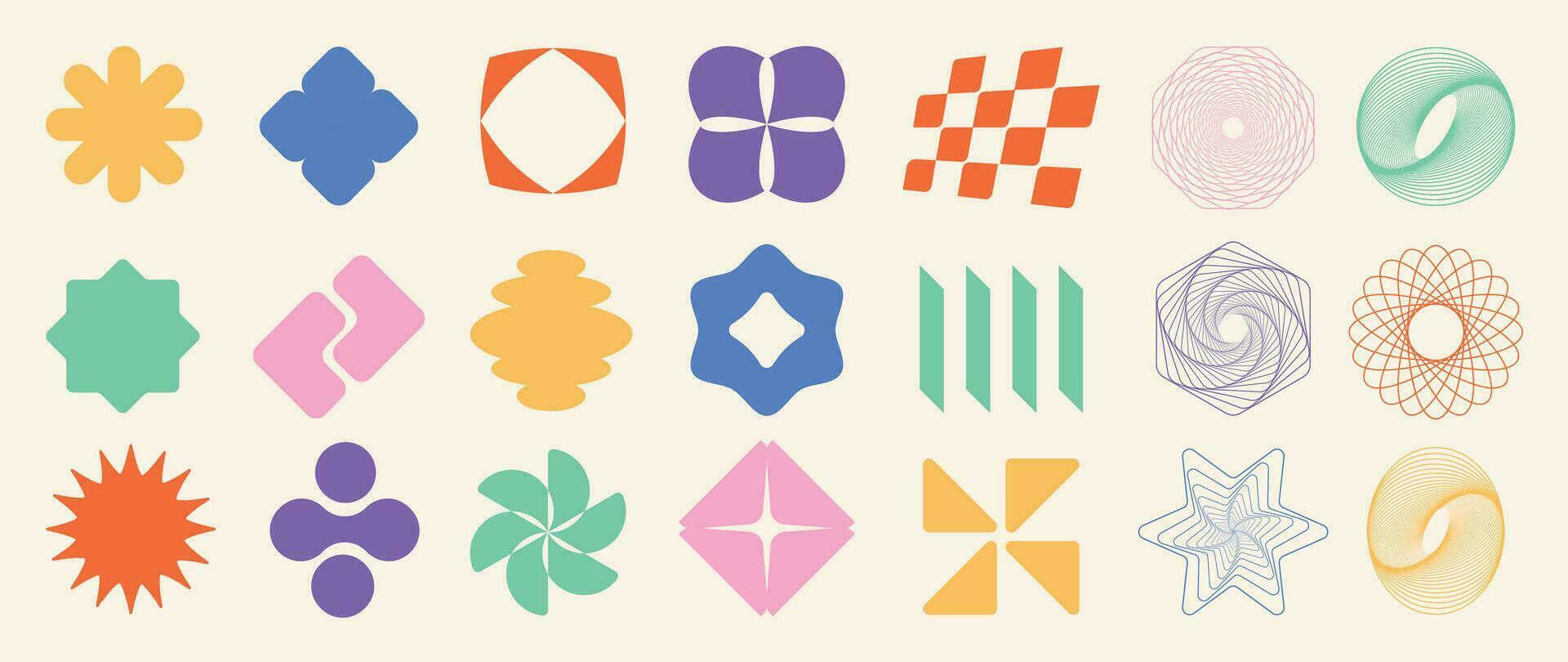 Set of abstract retro geometric shapes vector. Collection of contemporary figure, flower, sparkle, pixel in 70s groovy style. Bauhaus Memphis design element perfect for banner, print, stickers, decor. vector