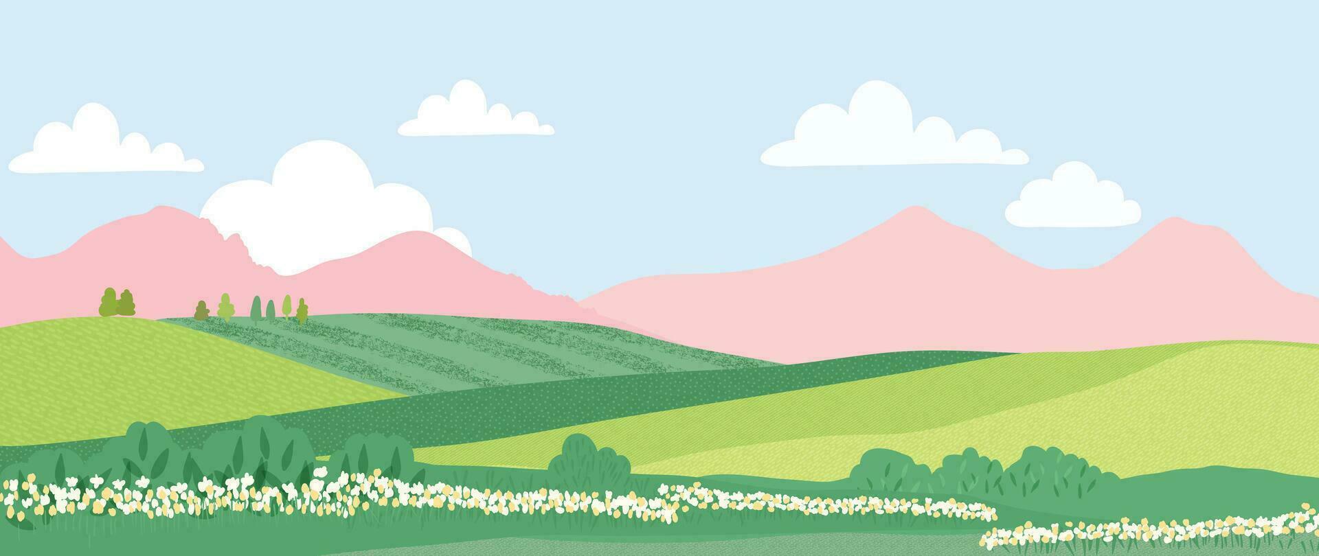 Spring nature and country landscape background. Seasonal illustration vector of trees, flowers, mountain, cloud, sky, grass, field, park. Design for banner, poster, wallpaper, decoration, card.