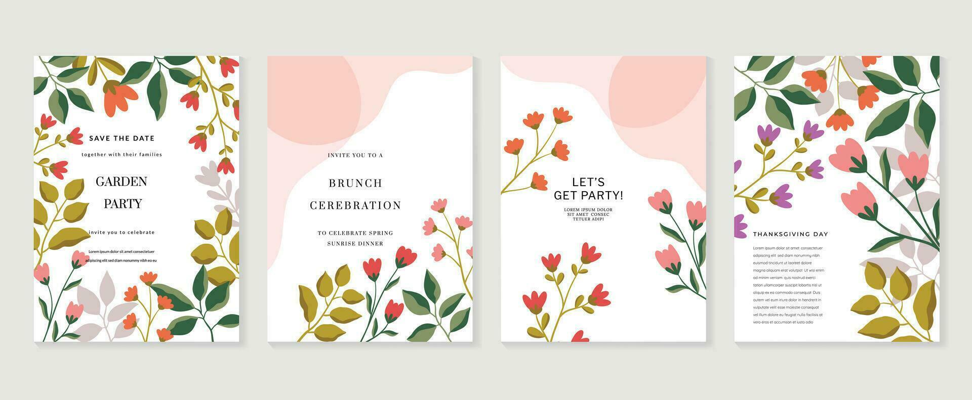 Set of abstract floral invitation card background vector. Hand drawn vibrant color botanical flower and leaf branch cover. Design illustration for flyer, poster, banner, brochure, wedding, birthday. vector