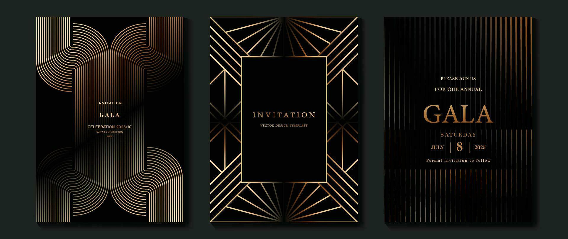 Luxury invitation card background vector. Golden elegant geometric shape, gold lines gradient on dark background. Premium design illustration for gala card, grand opening, party invitation, wedding. vector