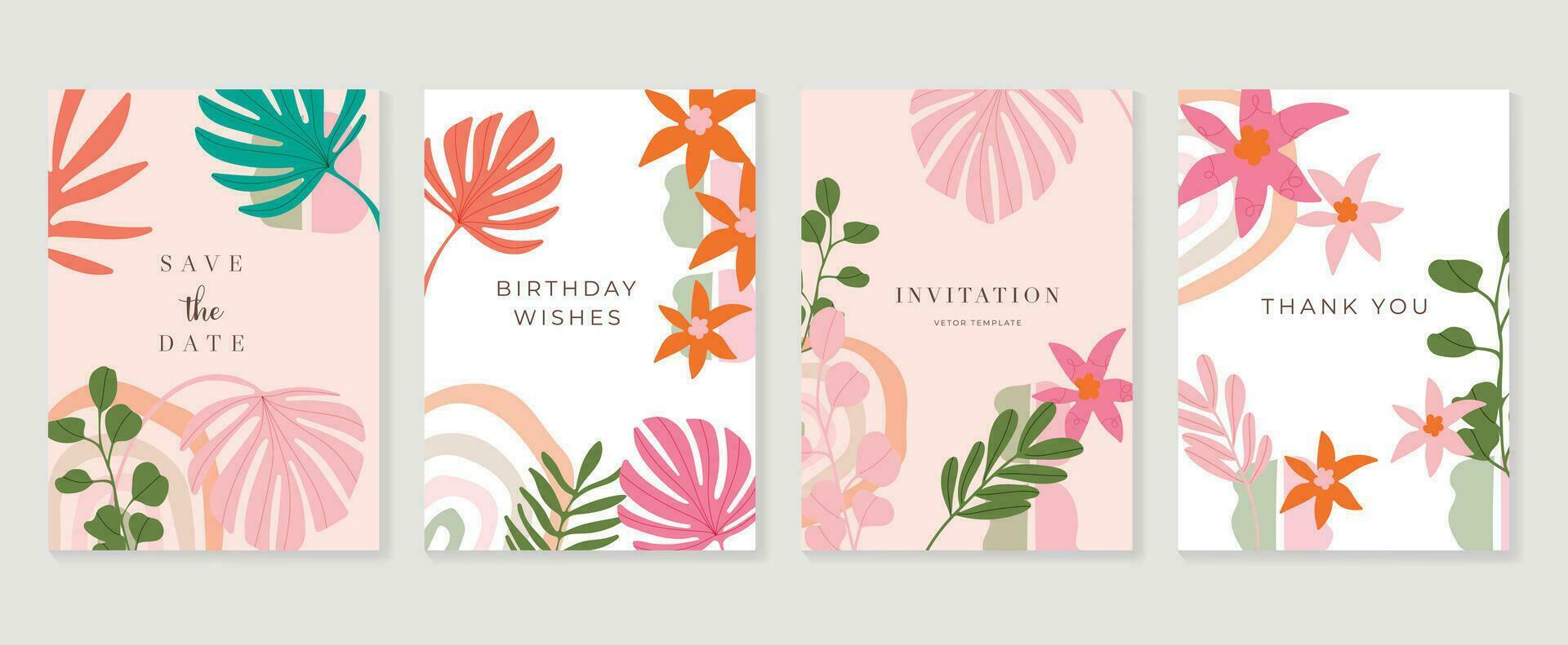 Set of abstract floral invitation card background vector. Hand drawn vibrant color botanical flower and leaf branch cover. Design illustration for flyer, poster, banner, brochure, wedding, birthday. vector