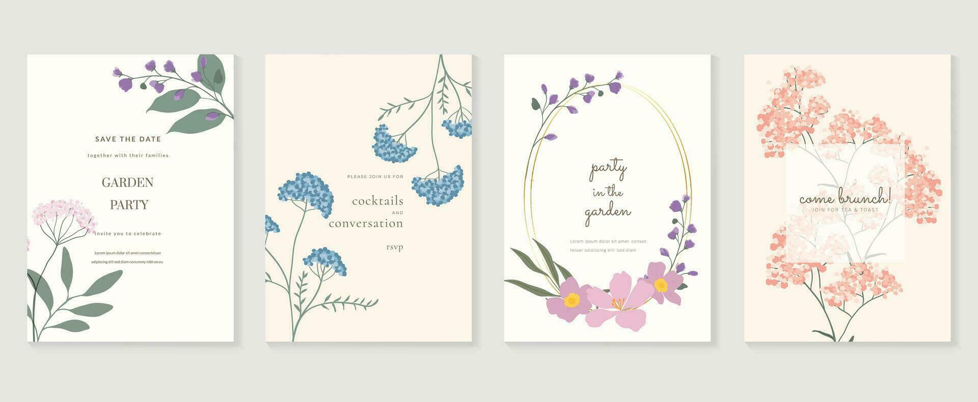 Set of luxury floral invitation card background vector. Hand drawn vibrant color botanical flower and leaf branch cover. Design illustration for flyer, poster, banner, brochure, wedding, birthday. vector