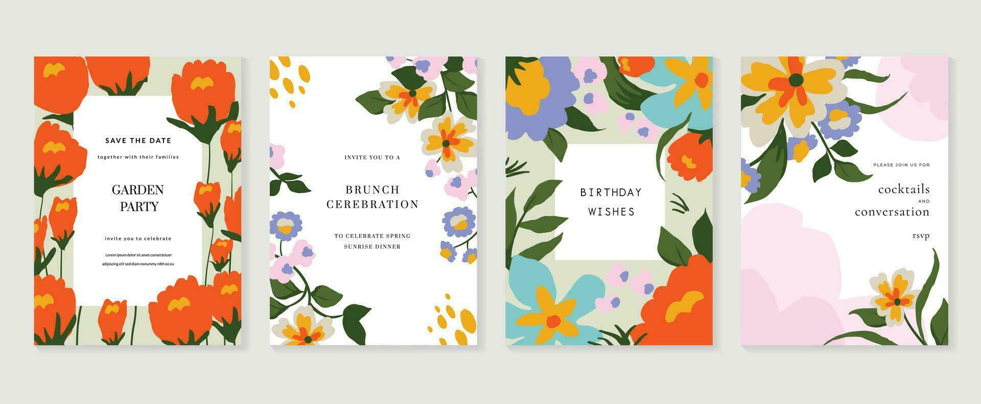 Set of abstract floral invitation card background vector. Hand drawn vibrant color botanical flower and leaf branch cover. Design illustration for flyer, poster, banner, brochure, wedding, birthday. vector