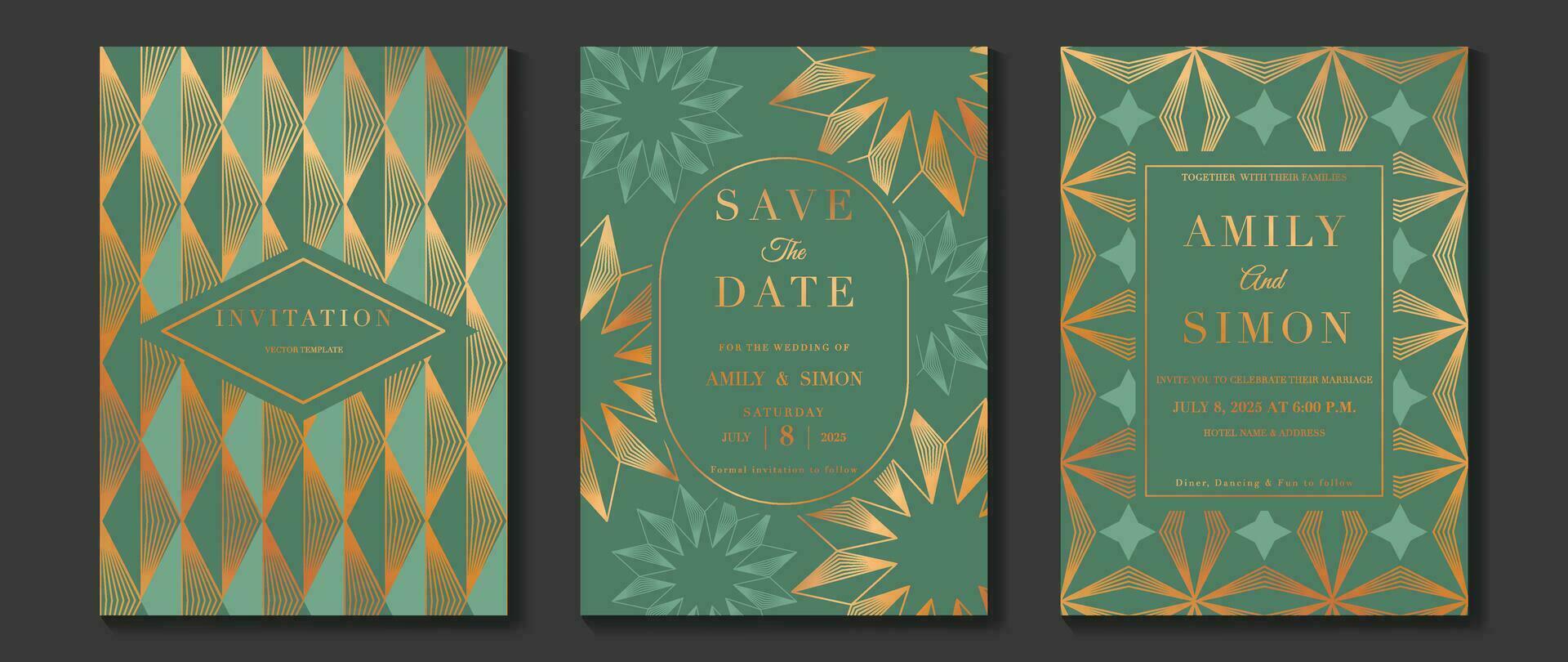 Luxury invitation card background vector. Golden elegant geometric shape, gold lines gradient on green background. Premium design illustration for gala card, grand opening, party invitation, wedding. vector