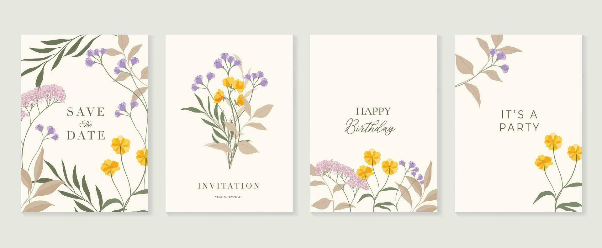 Set of abstract floral invitation card background vector. Hand drawn vibrant color botanical flower and leaf branch cover. Design illustration for flyer, poster, banner, brochure, wedding, birthday. vector