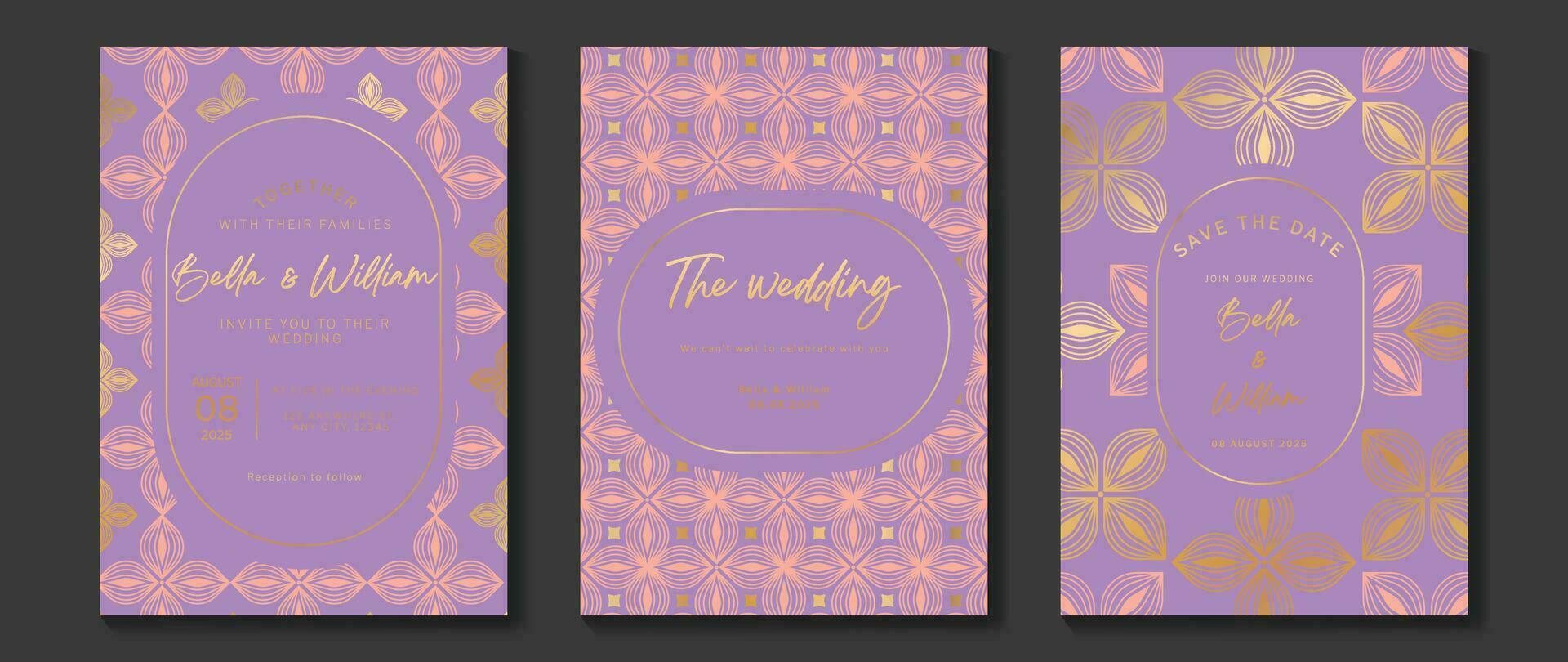 Luxury invitation card background vector. Golden elegant geometric shape, gold lines gradient on purple background. Premium design illustration for gala card, grand opening, party invitation, wedding. vector