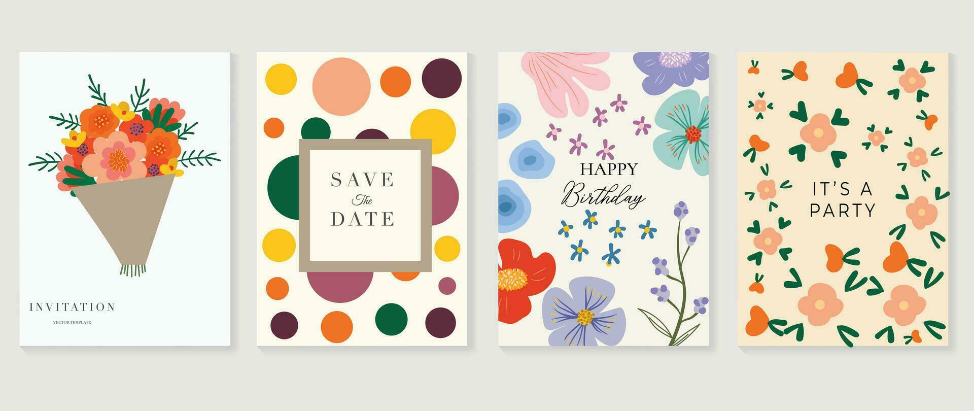 conjunto de resumen floral invitación tarjeta antecedentes vector. mano dibujado vibrante color botánico flor y hoja rama cubrir. diseño ilustración para volantes, póster, bandera, folleto, boda, cumpleaños. vector