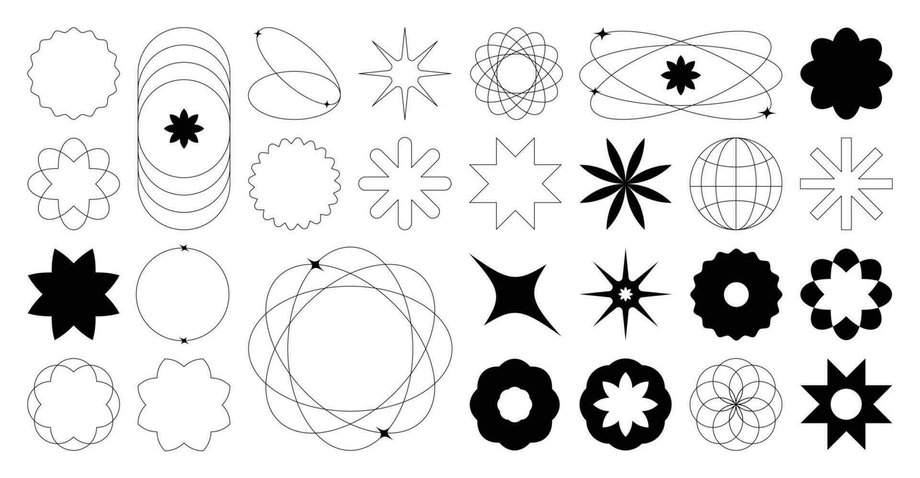 Set of geometric shapes in trendy 90s style. Black trendy design with frame, sparkles, flower, lines, star. Y2k aesthetic element illustrated for banners, social media, poster design, sticker. vector