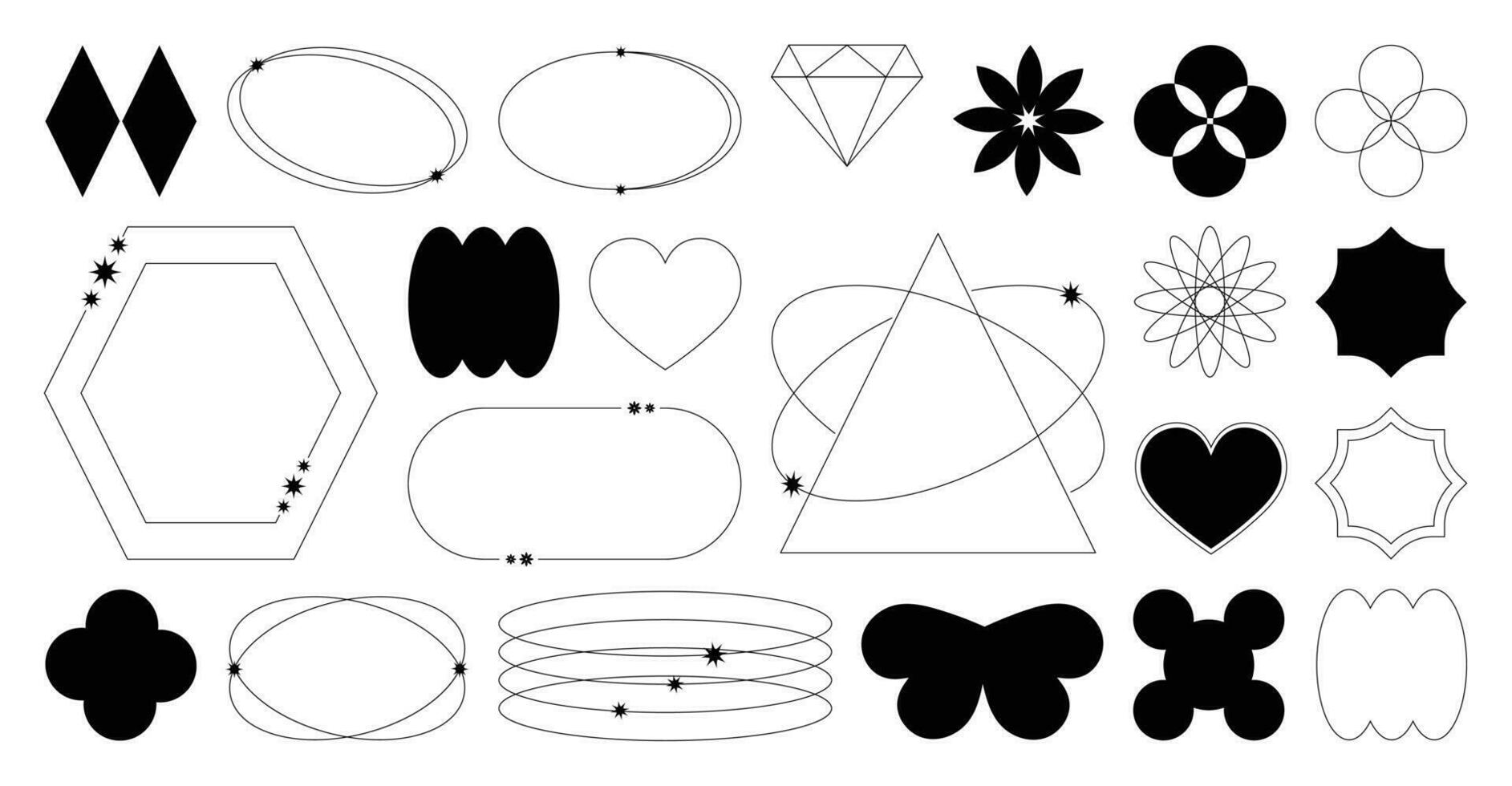 Set of geometric shapes in trendy 90s style. Black trendy design with frame, sparkles, flower, lines, diamond. Y2k aesthetic element illustrated for banners, social media, poster design, sticker. vector