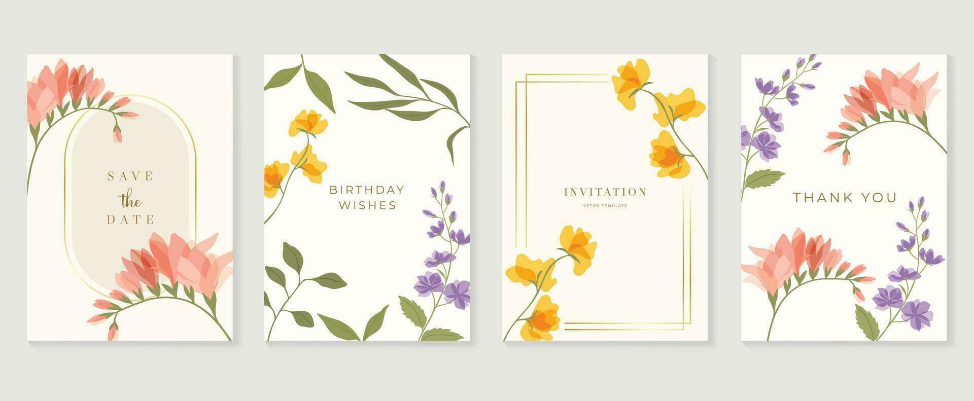 Set of luxury floral invitation card background vector. Hand drawn vibrant color botanical flower and leaf branch cover. Design illustration for flyer, poster, banner, brochure, wedding, birthday. vector