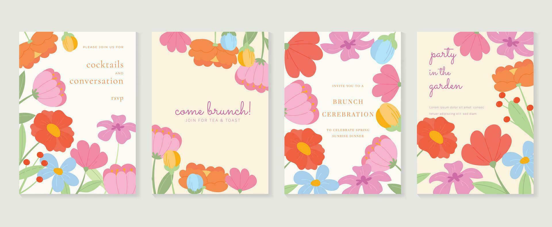 conjunto de resumen floral invitación tarjeta antecedentes vector. mano dibujado vibrante color botánico flor y hoja rama cubrir. diseño ilustración para volantes, póster, bandera, folleto, boda, cumpleaños. vector