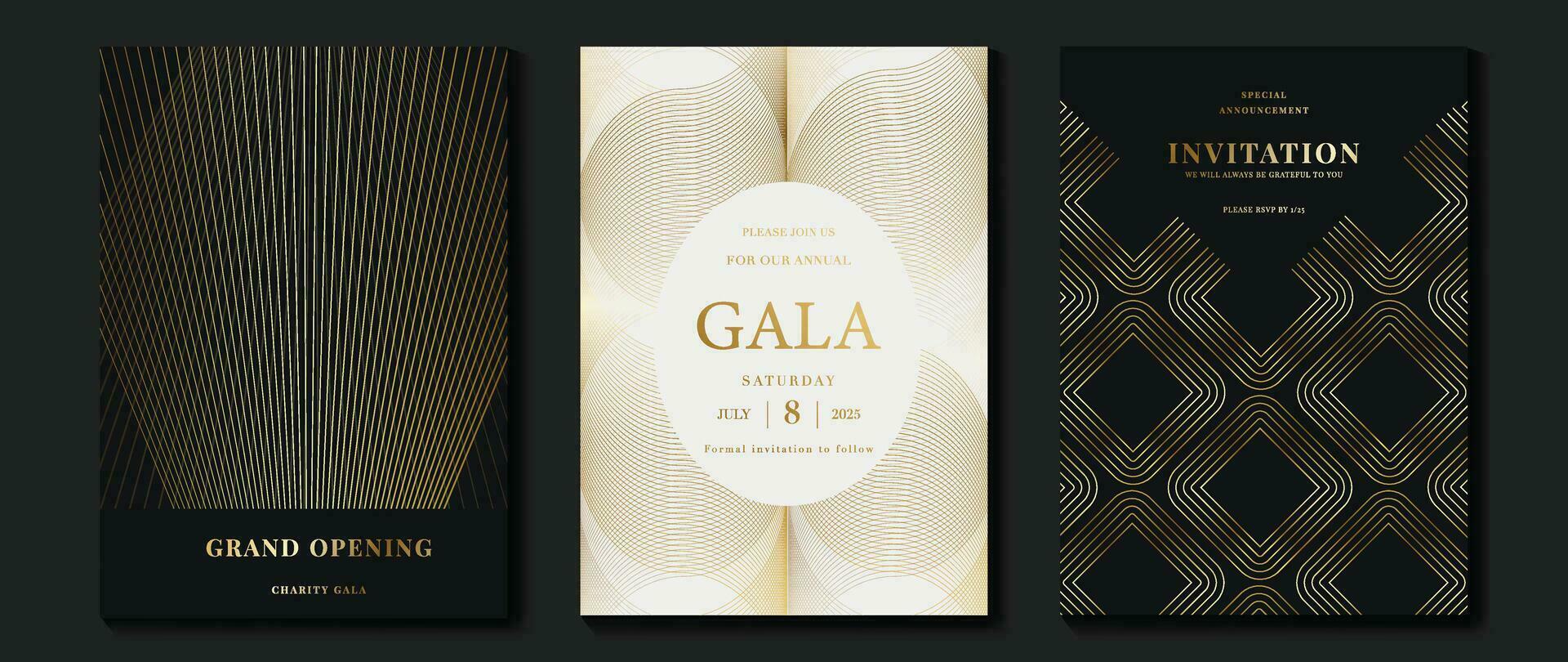 Luxury invitation card background vector. Golden curve elegant, gold lines gradient on dark and light background. Premium design illustration for gala card, grand opening, party invitation, wedding. vector