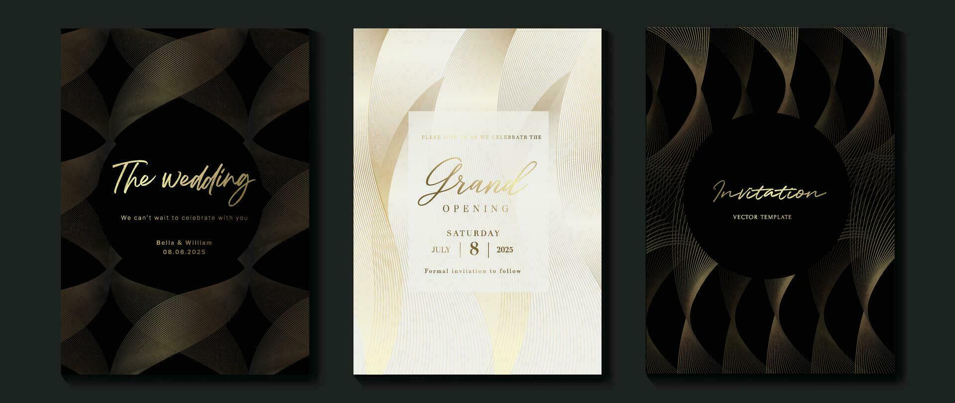 lujo invitación tarjeta antecedentes vector. dorado curva elegante, oro líneas degradado en oscuro y ligero antecedentes. prima diseño ilustración para gala tarjeta, grandioso apertura, fiesta invitación, boda. vector