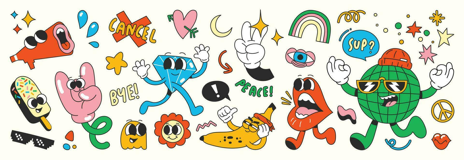 Set of 70s groovy element vector. Collection of cartoon characters, doodle smile face, heart, diamond, megaphone, hand, rainbow, star, word. Cute retro groovy hippie design for decorative, sticker. vector