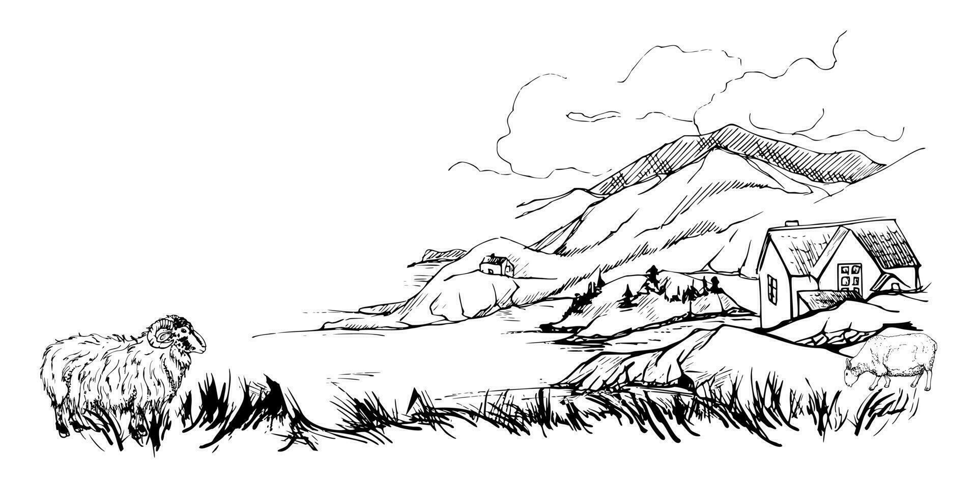 Ink hand drawn sketch vector illustration. Landscape scenery of highlands countryside nature. Hills, lake, sheep. Horizontal banner composition. Design for travel, tourism, brochure, print, wall art