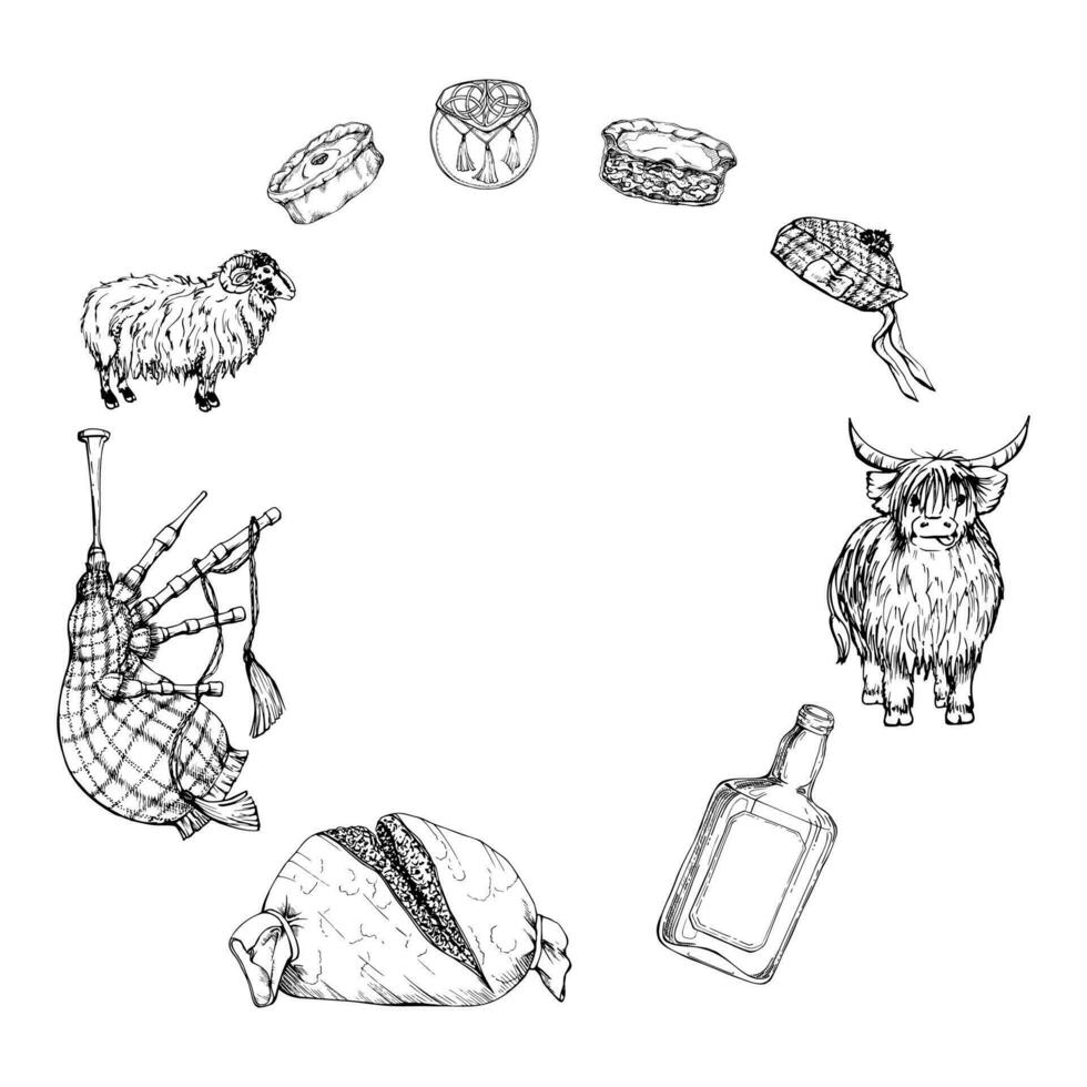 Ink hand drawn vector sketch set of isolated object. Scotland symbols. Design for tourism, travel, brochure, wedding, guide, print, card, tattoo.