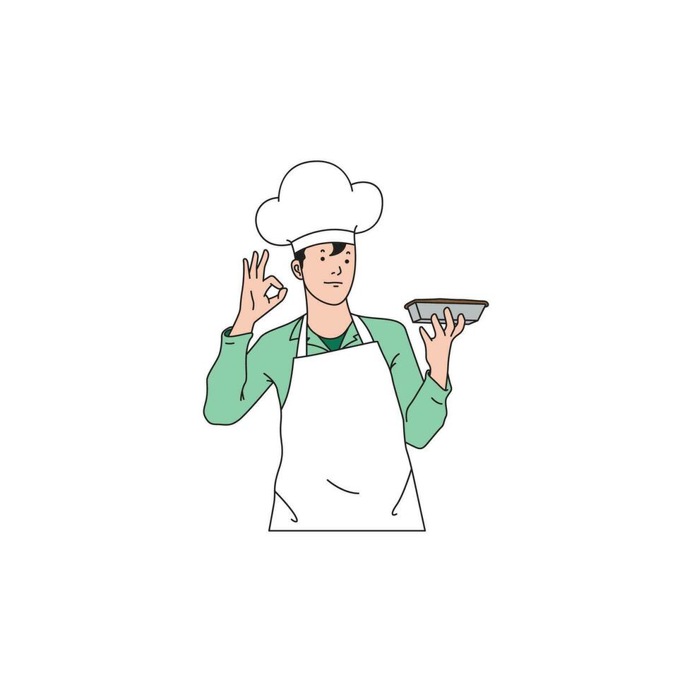 a male chef is making cakes ready to serve vector